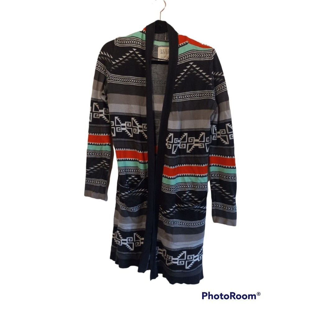 BILLABONG gray black Aztec duster knit cardigan pockets Small boho long sleeve